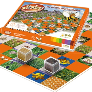 Coffret et plateau du jeu ''Des cultures pour les abeilles''